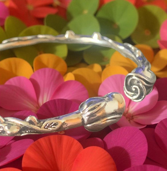 Carved Sterling Silver Rose Bangle - retro style 18cms64637791945859111