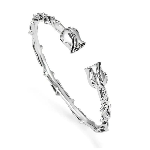 Carved Sterling Silver Rose Bangle - retro style 18cms64637791945859112