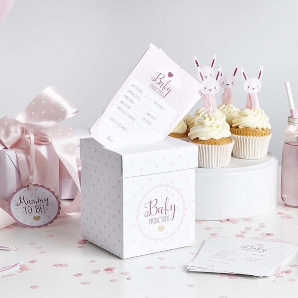 Pink Its a Girl Baby Shower Prediction Cards & Keepsake Gift Box Party Game Carousel 2