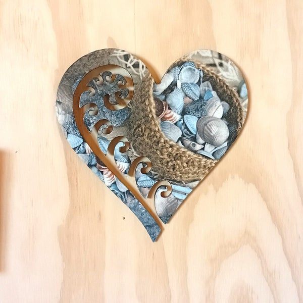 Large 'N.Z. Shells in a Basket' Koru Shaped Wall Heart New - Art at the Villa Carousel 1