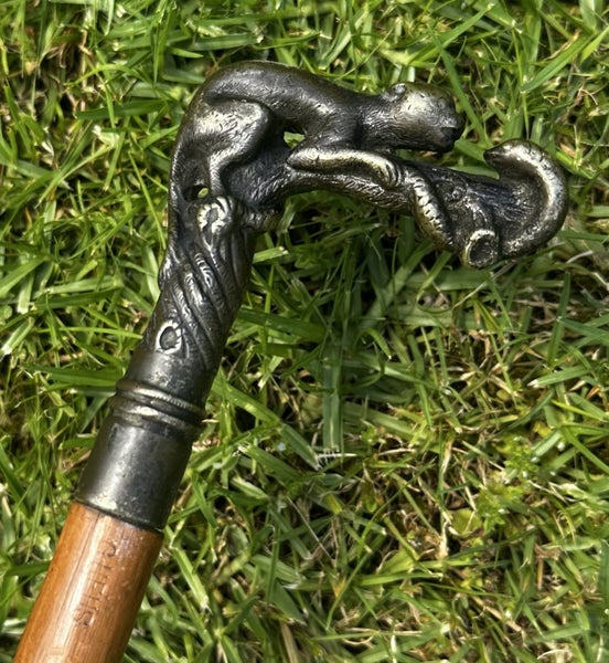 Vintage bronze mongoose & snake handled walking stick Carousel 1