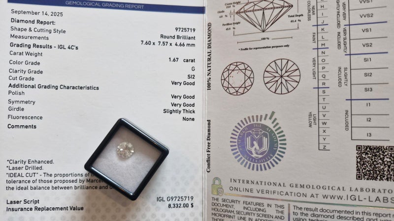 $1 RES * Valuation $14,890.00 * 1.67ct Round Large WHITE Diamond Loose IGL CERT Carousel 1