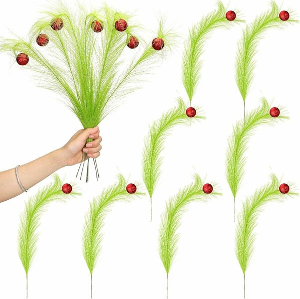 12 Piece Pack of Green Pampas Grass Curly Christmas Trees Branch Decoration Carousel 1