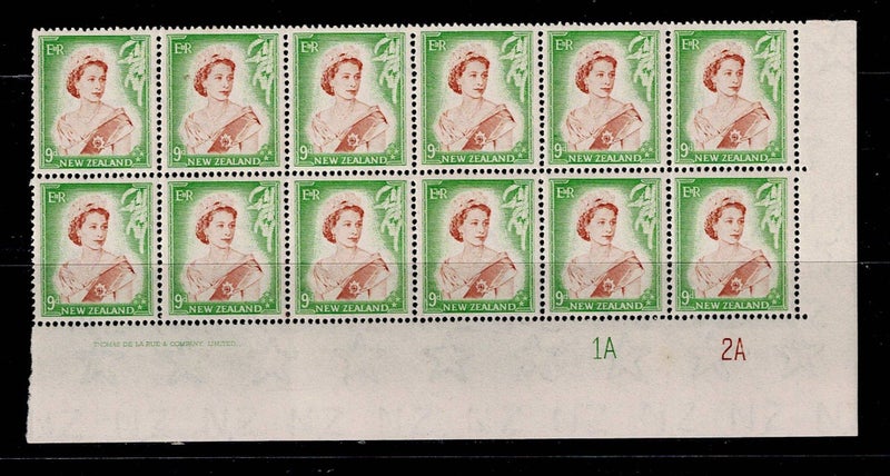 1953-54 QEII 9d Imprint and Plate Blks 1A2A of 12 UHM64480571378946110