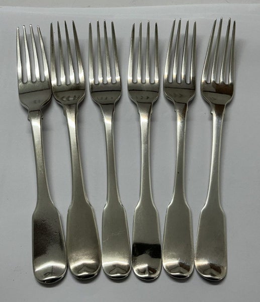 DATED 1810 - 1813 SET OF 6 DESSERT FORKS IN STERLING SILVER - FIDDLE PATTERN
