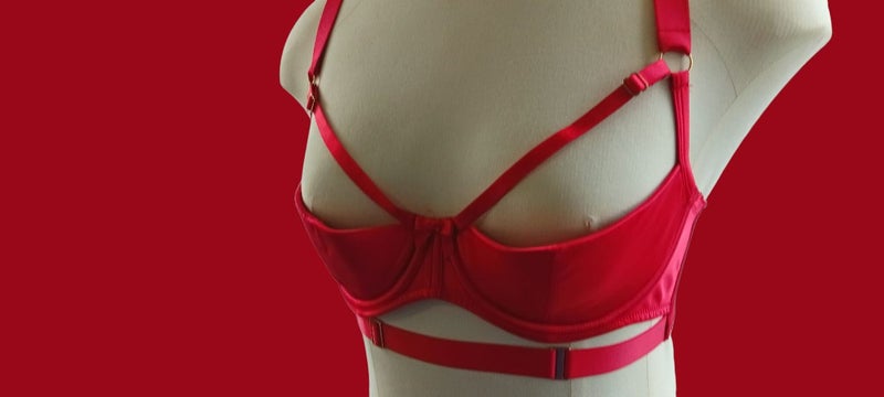 Red satin half cup bra, sz 12DD Carousel 2
