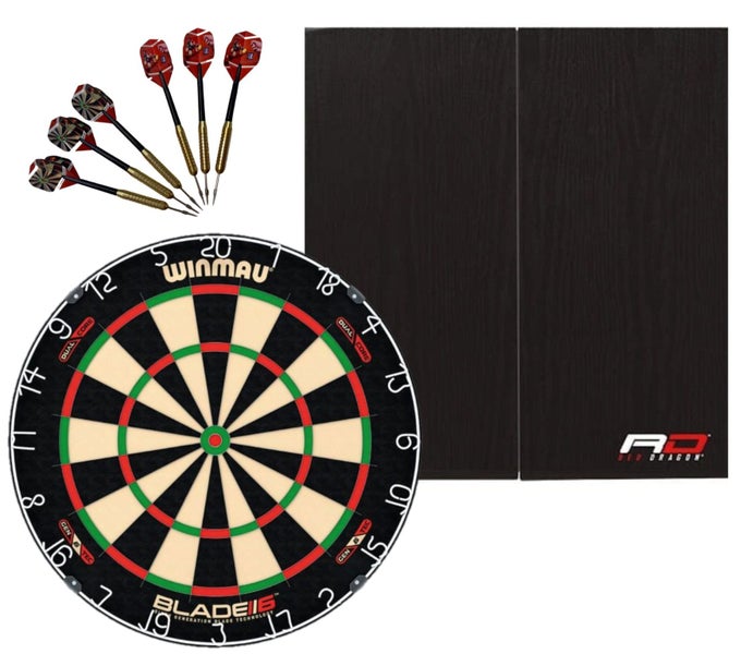 Winmau Blade 6 DUAL CORE Dart Board + Red Dragon Black Cabinet + Darts Carousel 1
