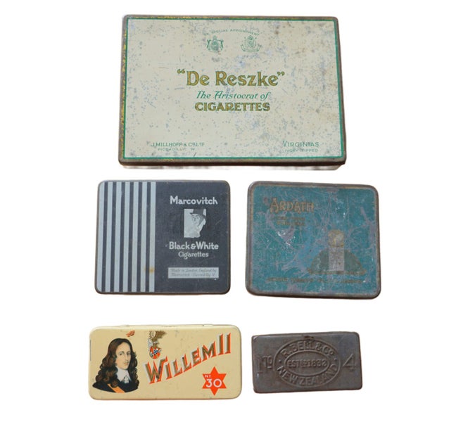 5 Antique Cigarette Tins & Match Tin - De Reszke, Ardath, Marcovitch, Willem 11 Carousel 1