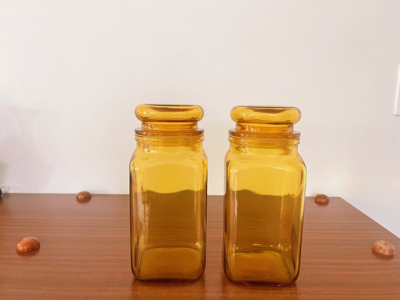 Vintage Mid Century Amber Glass Canisters X2 Carousel 1