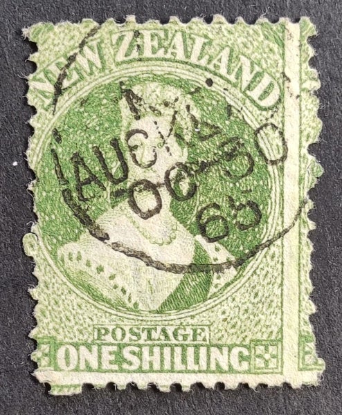 $1 res, cv$375! 1864 FFQ 1/- Green, star wmk, p12.5, FU CDS. Carousel 1