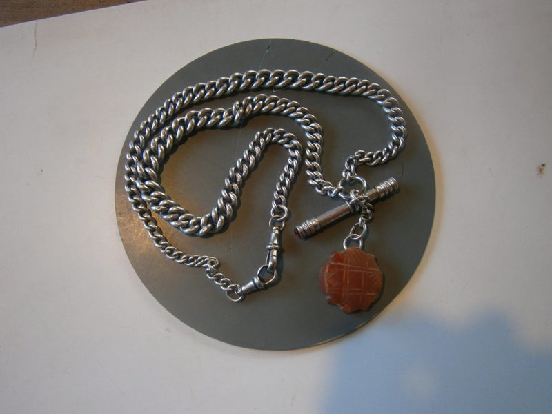 ANTIQ.STG.SILV.DBLE ALBERT FOB CHAIN + TBAR & CARNELIAN FOB (104gms) Carousel 1