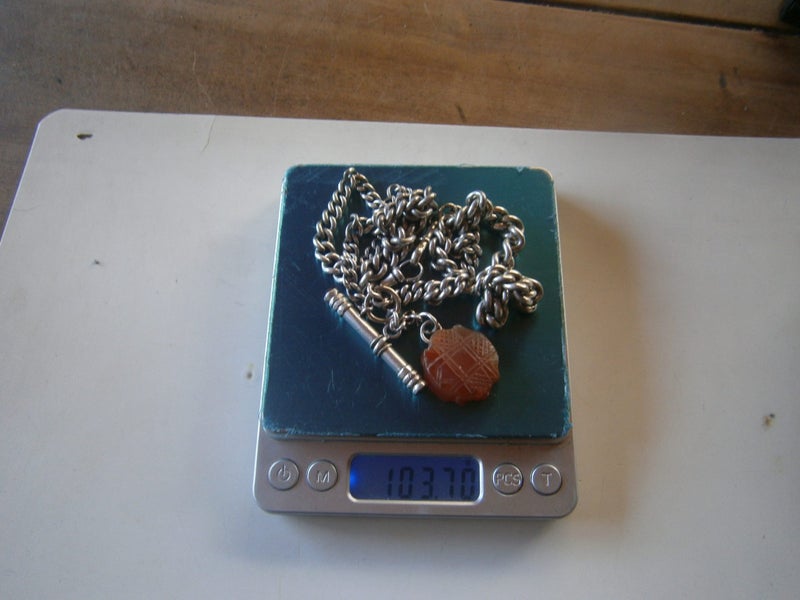 ANTIQ.STG.SILV.DBLE ALBERT FOB CHAIN + TBAR & CARNELIAN FOB (104gms) Carousel 7