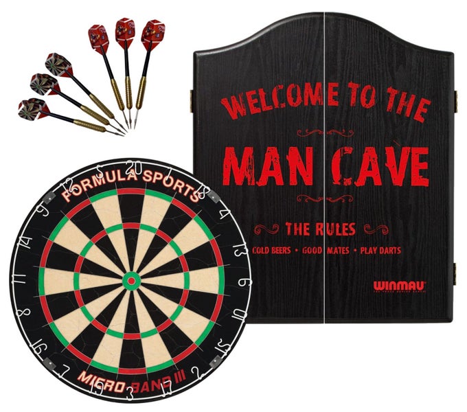 Formula Sports Micro Band 3 Dart Board + Winmau Man Cave Cabinet + Darts Set Carousel 1