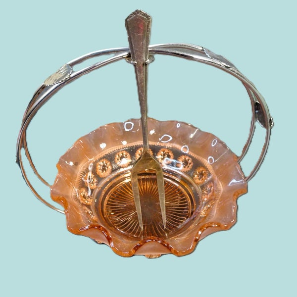 Vintage Depression Glass Pickle / Relish Dish with Original Fork & Handle Carousel 1