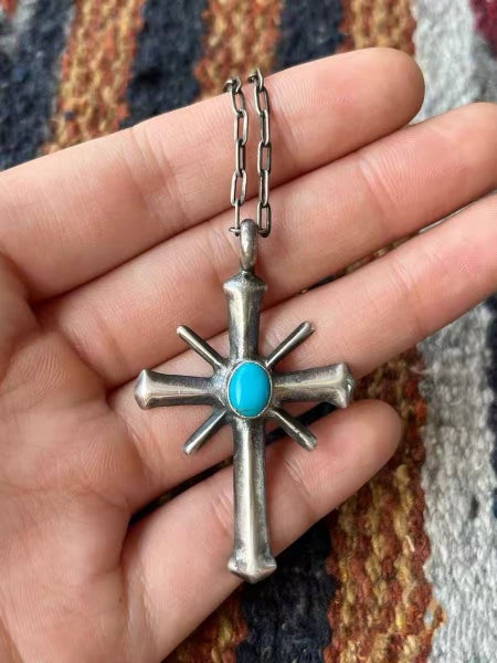 Vintage Navajo Sterling Silver Cross Turquoise Pendant Necklace Carousel 2
