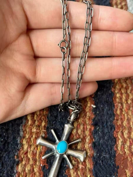 Vintage Navajo Sterling Silver Cross Turquoise Pendant Necklace Carousel 8