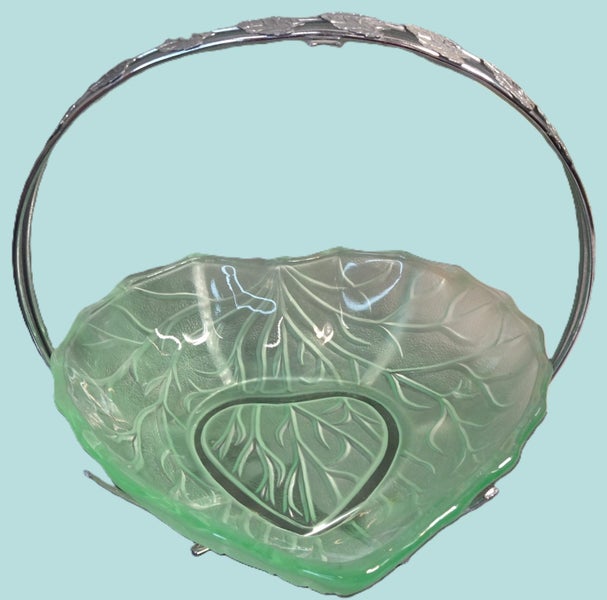 Vintage Green Pressed Glass Basket with Metal Handle Carousel 1