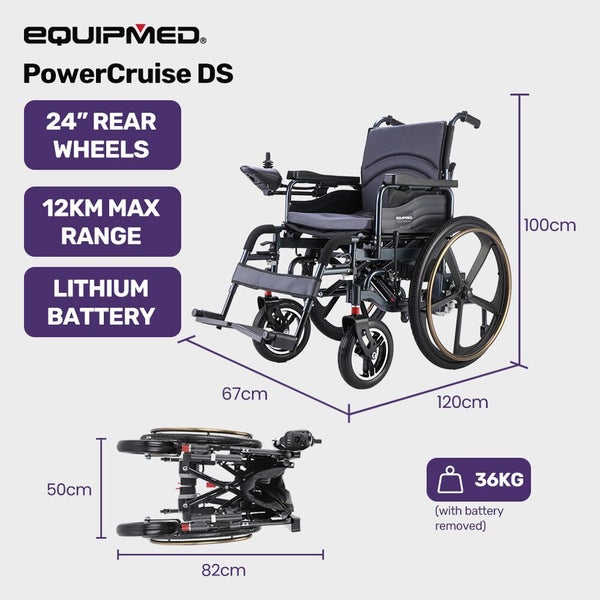 Equipmed Electric Wheelchair Folding Airline Long Range Lithium Battery 24' Rear Carousel 2
