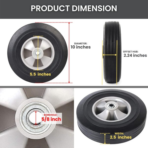 10" x 2.5" 16mm Axles Flat-Free Solid Rubber Tire and Wheel for Hand Trucks Carousel 2