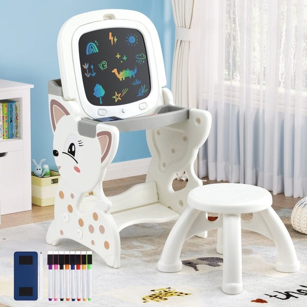 Kids Table And Chair Set 2 In 1 Easel Desk Stool W/ Lcd Writing Tablet Carousel 7
