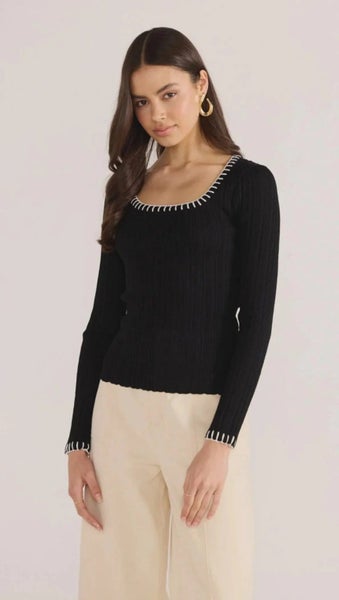 MinkPink “Sana” Blanket-Stitch Knit Top – Black – Size64524454406530110
