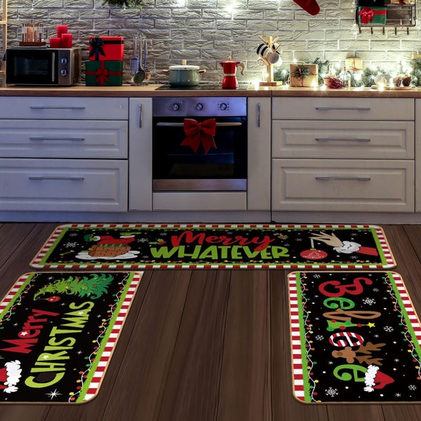 3 Pcs Christmas Kitchen Rug and Mat Set Washable Lime Green Black Kitchen Floor Carousel 2