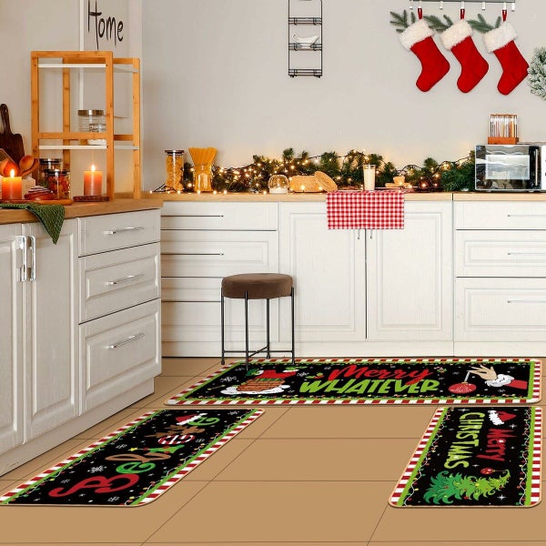 3 Pcs Christmas Kitchen Rug and Mat Set Washable Lime Green Black Kitchen Floor Carousel 9