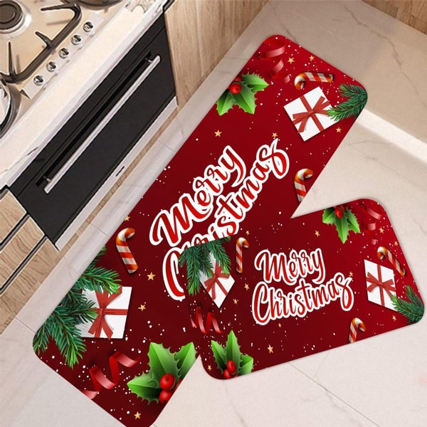 Christmas Kitchen Rugs Sets of 2 Gift Merry Christmas Floor Mats Ribbon Carousel 1