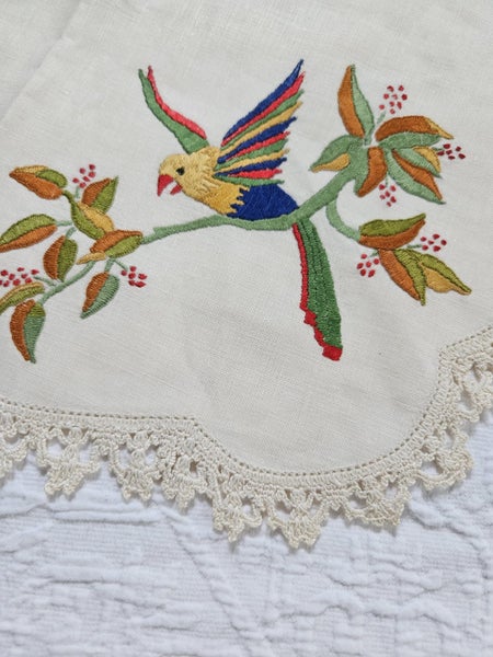 Vintage Hand Embroidered & Crochet Linen Traycloth #2 Carousel 2