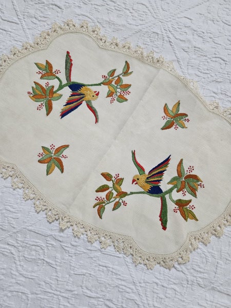 Vintage Hand Embroidered & Crochet Linen Traycloth #2 Carousel 1