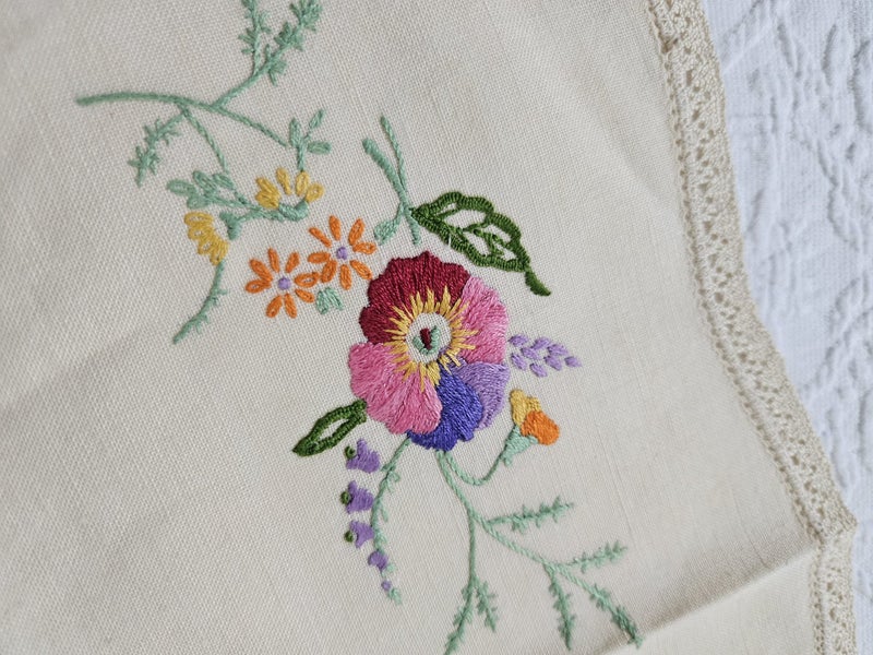 Vintage Hand Embroidered & Crochet Linen Traycloth #3 Carousel 1