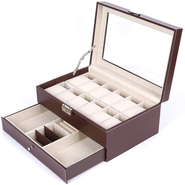 12 Slot Pu Leather Lockable Watch and Jewelry Storage Boxes Brown Carousel 1
