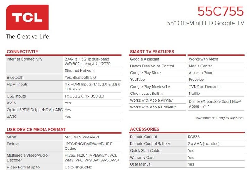 55 Inch TCL C755 QD-Mini LED Google TV64527241751682112