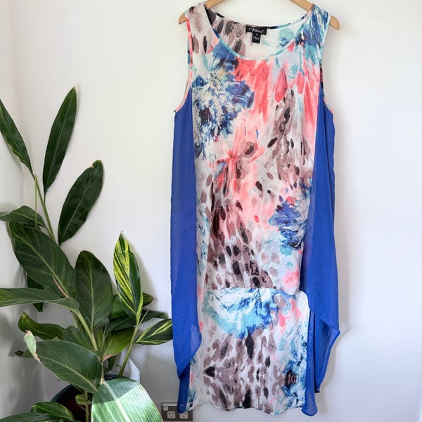 Vivid Size 14 Sleeveless Dress Blue Pink Floral Abstract Print Carousel 1