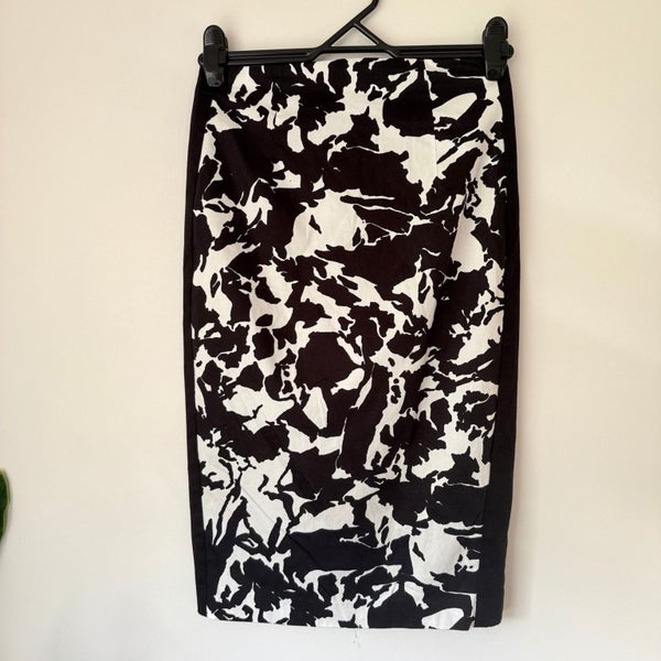 Cue Size 8 Black White Abstract Print Cotton Pencil Skirt Carousel 1