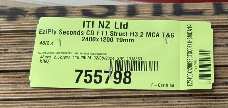 STRUCTURAL PLY, CD GRADE, F11, 2400 x 1200 x 19mm, H3.2, SECONDS - 48 SHEETS64538713115651114