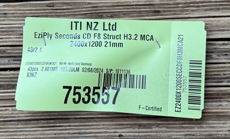 STRUCTURAL PLY, CD GRADE, F8, 2400 x 1200 x 21mm, H3.2, SECONDS - 43 SHEETS64538713103745114