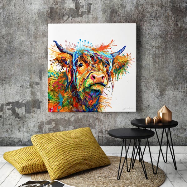 Framed $1 RESERVE 1 Panel Canvas Print - Rainbow Highland cow Carousel 3