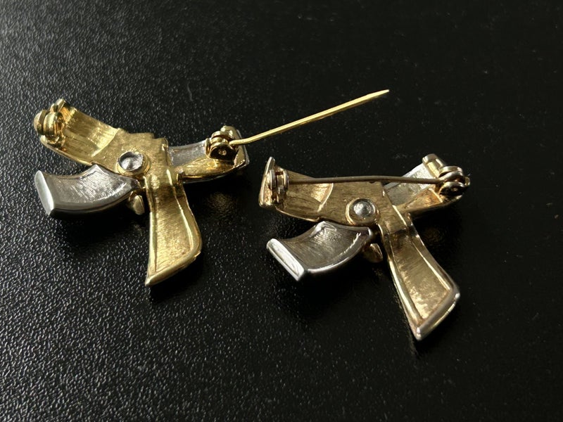 Vintage pave set pair Bow brooches 2 tone GP Carousel 2