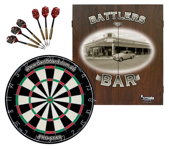 PRO STAR Bristle Dart Board + Formula Battlers Bar Cabinet + Darts Set Carousel 1