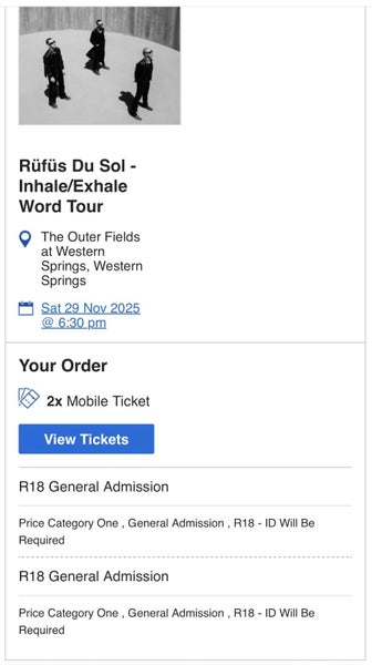 Rüfüs Du Sol Inhale/Exhale The Outer Fields Western Springs Tickets64549155614595111