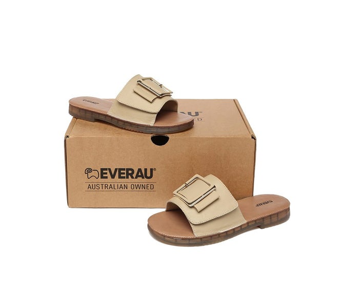 EVERAU(R) Women Leather Buckle Adjustable Ultra Soft Flat Slides Bera Carousel 18