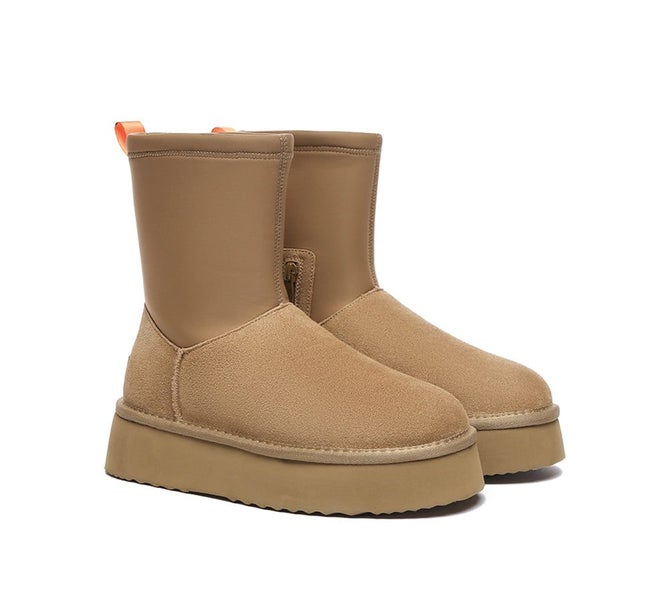 EVERAU(R) UGG Women Sheepskin Wool Zipper Stretchy Mid Calf Platform Boots Ethel Carousel 1