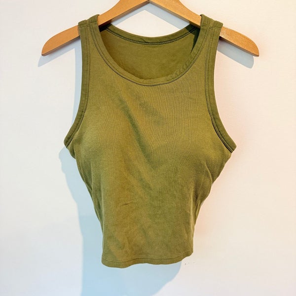Uniqlo Size L Olive Green Ribbed Cropped Sleeveless Padded Top Carousel 1
