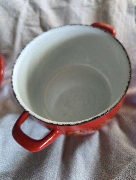 Vintage Arabia/Finel type orange floral enamel pot with lid – approx 18 cm 2.5lt Carousel 8