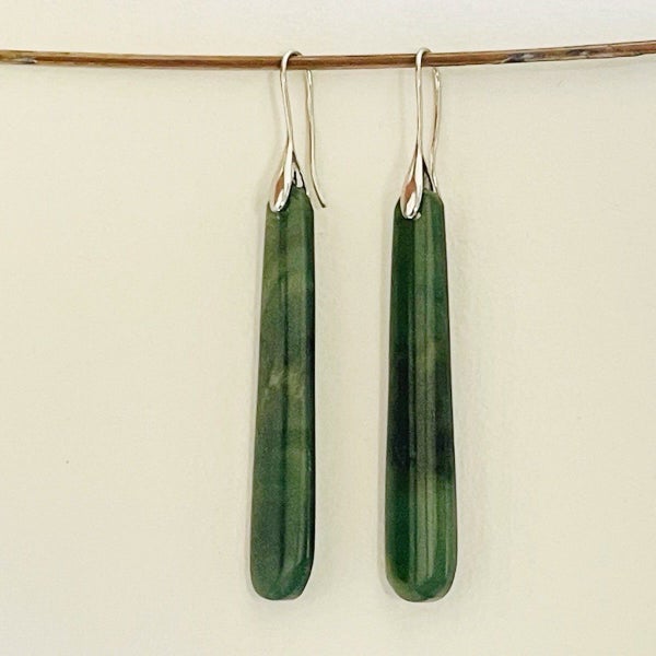 Pounamu Greenstone Nephrite Long 50mm Earring Elegant Teardrop Ear Hooks Carousel 1
