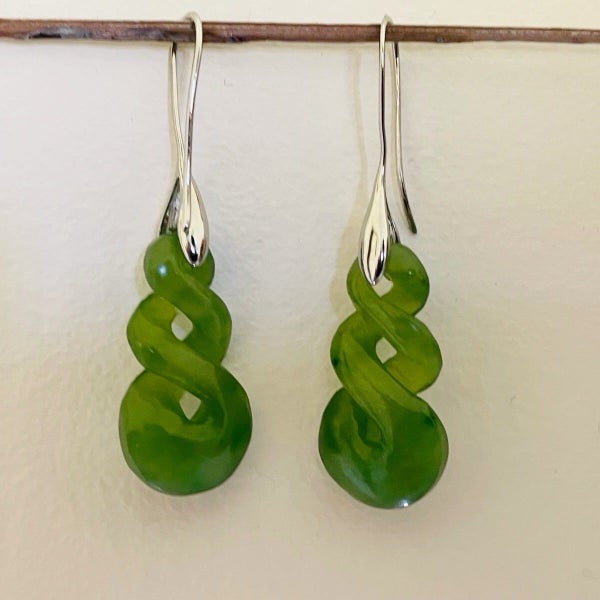 Greenstone Nephrite Double Twist Earrings 22mm Elegant Teardrop Ear Hooks Carousel 1