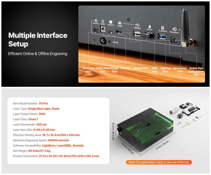 Laser Engraver 20W Laser Engraving Cutter Machine Camera Enclosure Class 1 Carousel 16