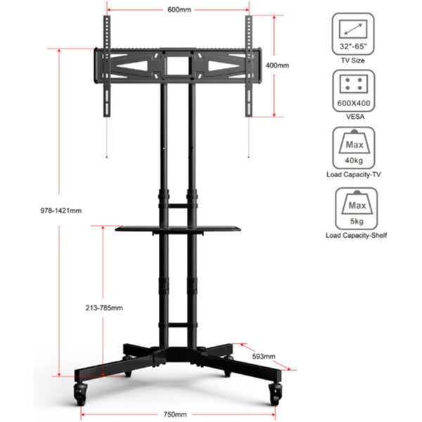 Loctek 32"-65" Mobile Trolley TV Cart - Max Load 40kg - Height 963mm-1424mm Carousel 1