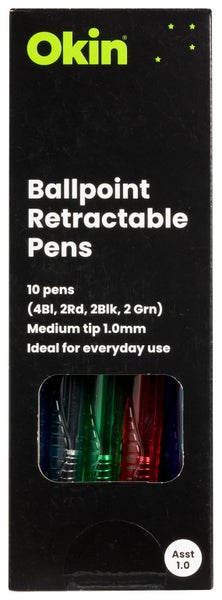 Okin Retractable Medium Tip Ballpoint Pen x 10's pack - Assorted Colours Carousel 1